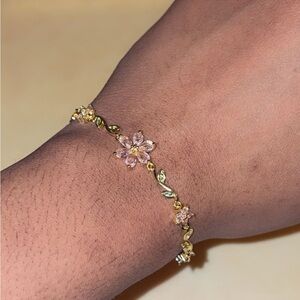 Gold-Plated Bracelet with Pink Crystal Flower Accents